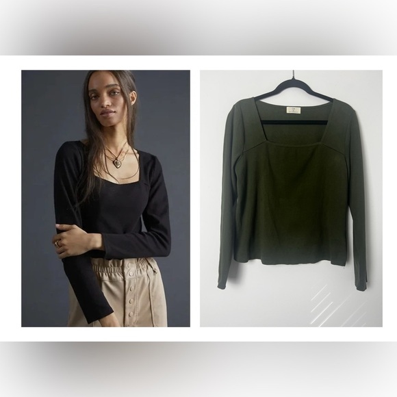 Anthropologie T.La Moss Green Ribbed Square Neck Long Sleeve Top Size Large - Picture 1 of 11